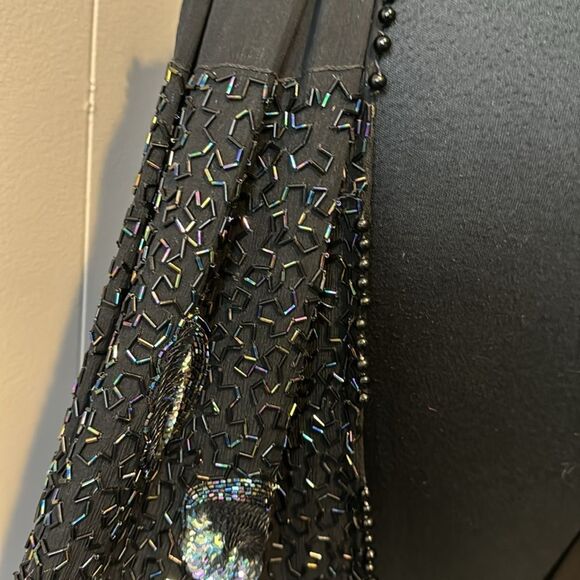 Stunning vintage beaded sequin black plung draped back neckline panel hem midi - Picture 12 of 13